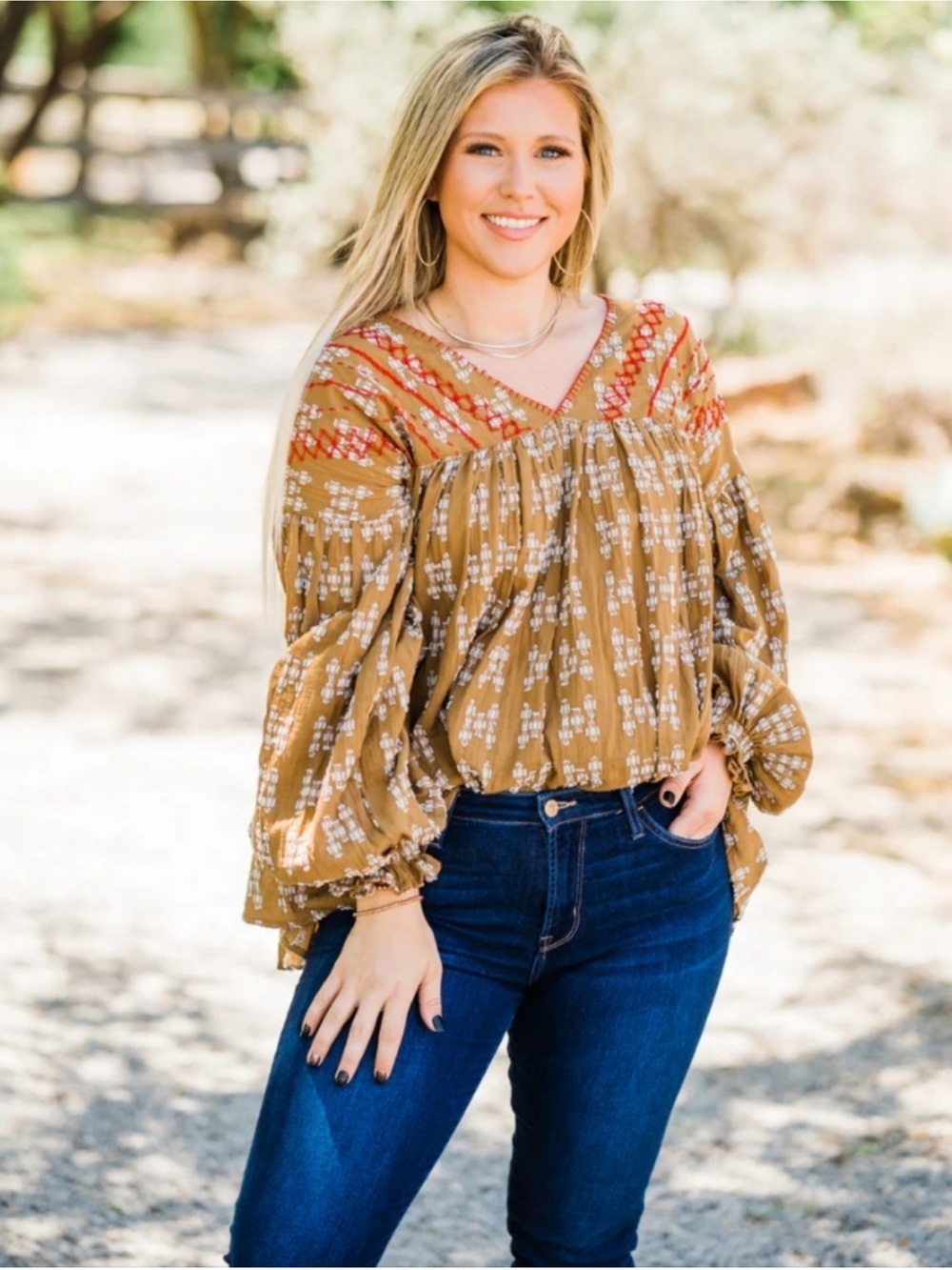 Oh My Stars layerz Ellie Mae Top embroidered peasant top brown large NWT